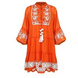 Miss June Paris Orange Embroidered Crochet Tunic Dress